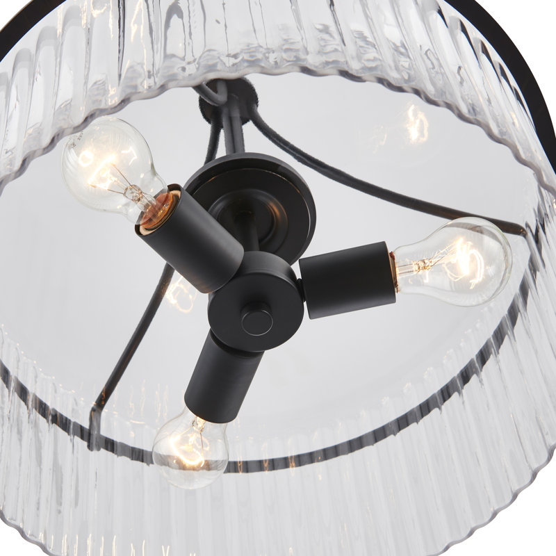 Luminaire suspendu 3 lumières noir avec verre côtelé transparent