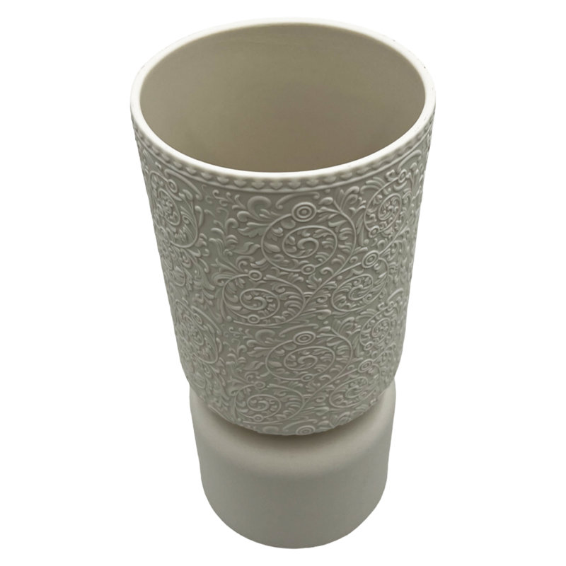 Elegant Flower Embossed White Ceramic Vase – 12" Nature-Inspired Cylinder Decorative Accent for Modern Entryway, Living Room, or Dining Table