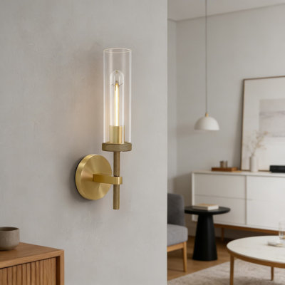 Applique murale en laiton avec design moleté et abat-jour en tube de verre, compatible avec les ampoules E26, idéale pour le meuble-lavabo de salle de bain, le salon, la chambre à coucher et le couloir