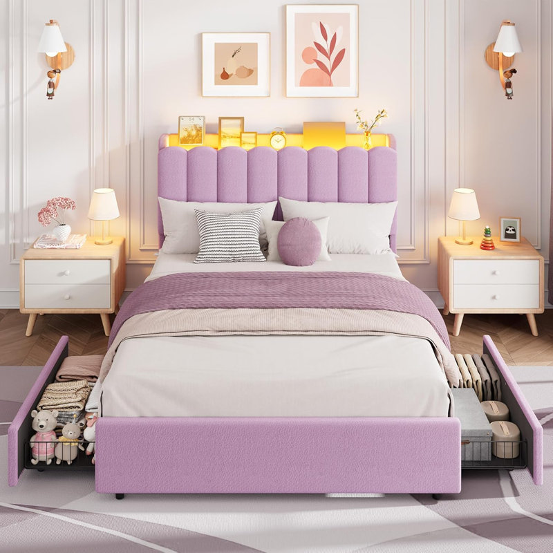   Cadre de lit avec tête de lit avec rangement, cadre de lit pour enfant avec 2 tiroirs, rose foncé, Violet, Lit double
