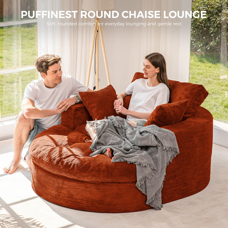 Canapé-lit rond en velours côtelé 49 po avec assise profonde et méridienne rembourrée, Orange