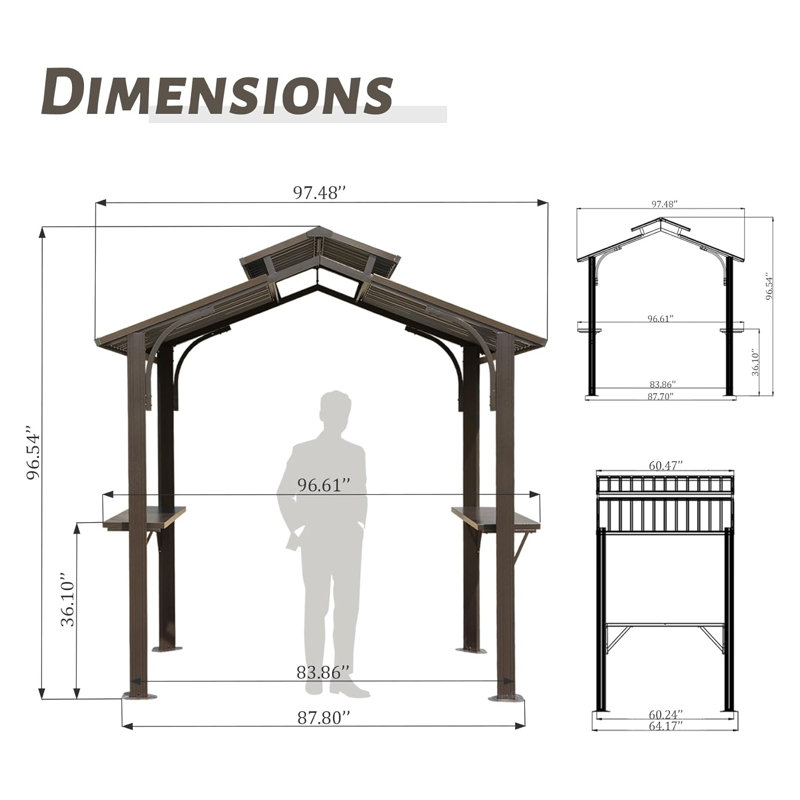 Abri de jardin à toit rigide 8 x 5 pi avec double toit et tablettes latérales - Abri de barbecue extérieur permanent pour patio