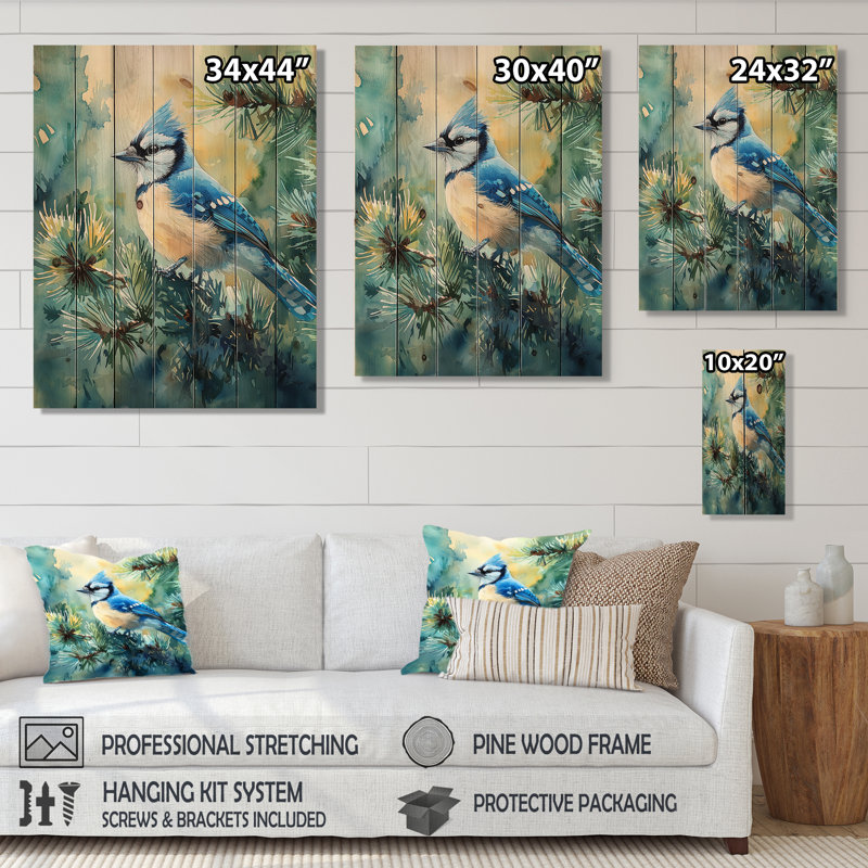Geai bleu parmi les pins I - impression sur bois d'oiseau - sur bois de pin naturel, H 40 po x l 30 po x P 0,78 po