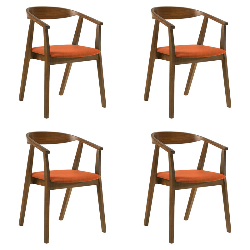 Jeyhan Open Back Dining Chairs with Arms in Rubberwood and Fabric, Brown, Orange, 4
