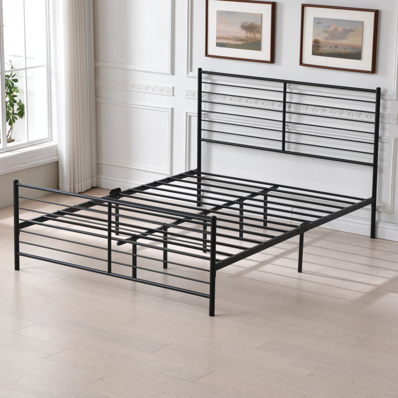 Modern Horizontal Slat Metal Bed Frame with Headboard and Footboard, BLACK, QUEEN
