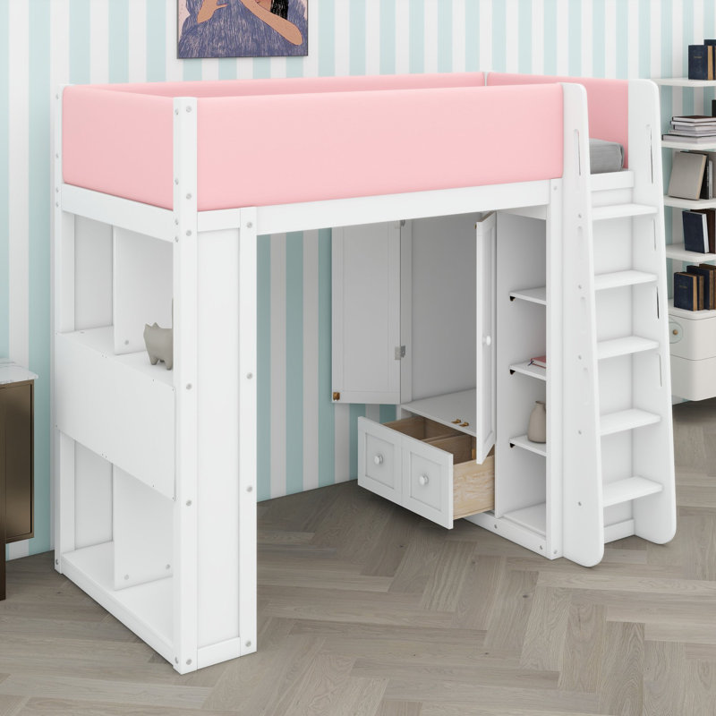 Un lit mezzanine avec armoire intégrée et éclairage d'ambiance structure une chambre moderne et raffinée., Lit simple, Blanc