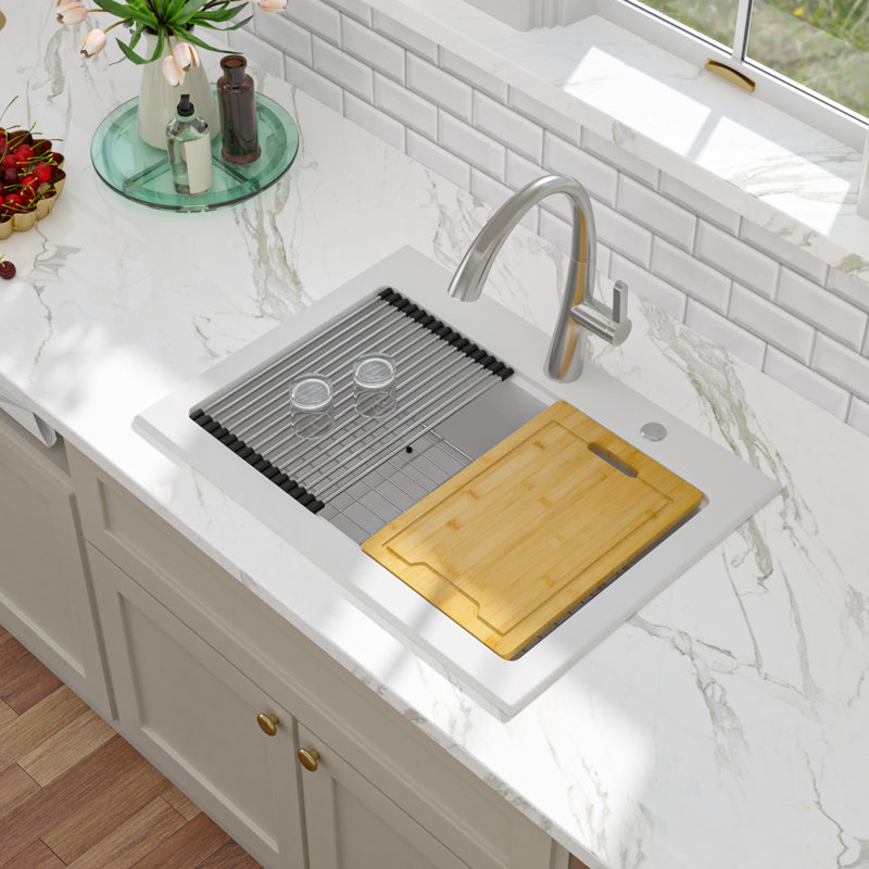 Évier de cuisine encastré à simple cuve en quartz 30 po x l 22 po, station de travail en granite avec grille d'évier, crépine, planche à découper et support à roulettes