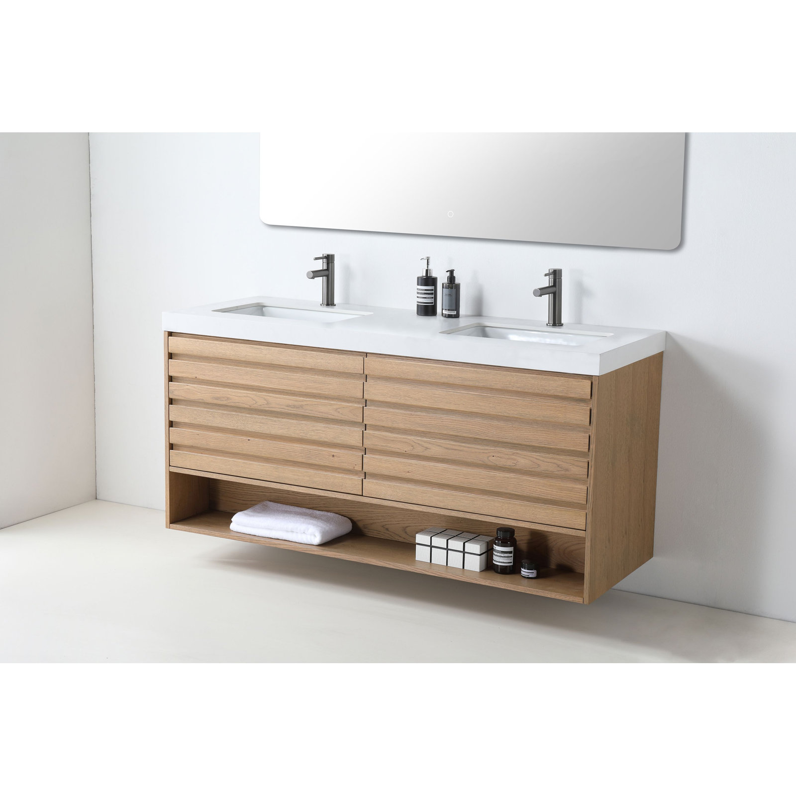 Maumelle 60" Cedar Double Bathroom Vanity, White, Pecan Oak