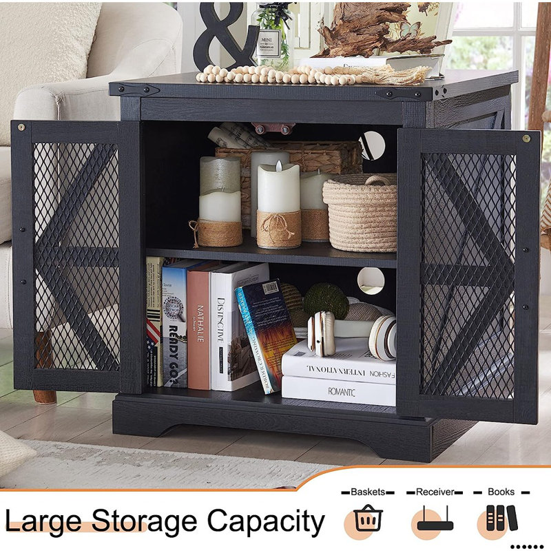 Table de bout de style campagnard carré H 25 po x l 24 po avec station de charge et portes de grange, Noir