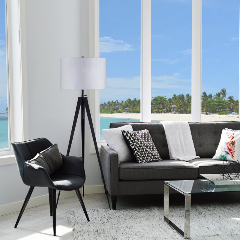 Adjustable Height Crossed Tripod Floor Lamp With Matte Black Metal And White Fabric Shade, Perfect For Modern Interiors