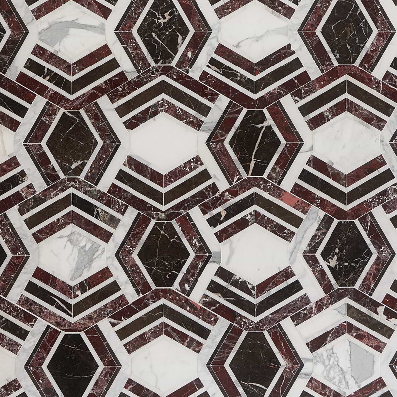 Mezzo 11x18 Polished Calacatta Marble Mosaic Tile, Bordeaux Polished