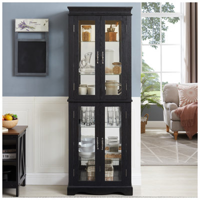 Vitrine vitrée noire avec cadre en bois, rangement à 6 niveaux pour objets de collection, vin et décoration