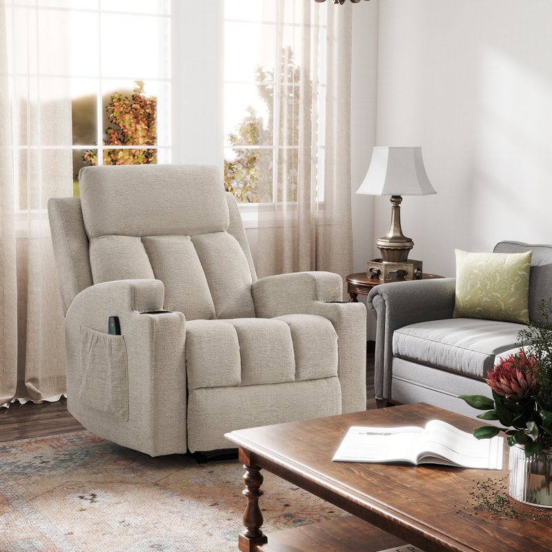 33.07" W Upholstered Manual Recliner with Massage and Heating, Oatmeal Microfiber / Microsuede