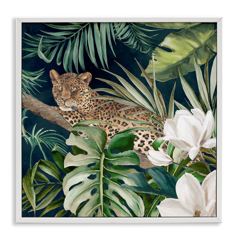 Léopard de jungle tropicale, art de la giclée par Eli Jones, H 17 po x l 17 po, Giclée encadrée blanc bord de mer
