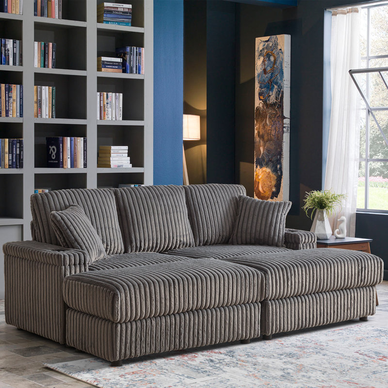 Hokku Designs 84" Oversized Upholstered 3-Seater Chaise Lounge Indoor With Cup Holder And Storage, Gray