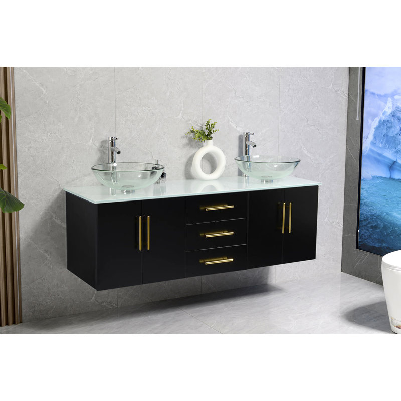 Ensemble de meuble-lavabo mural double, Noir, noir, noir, noir