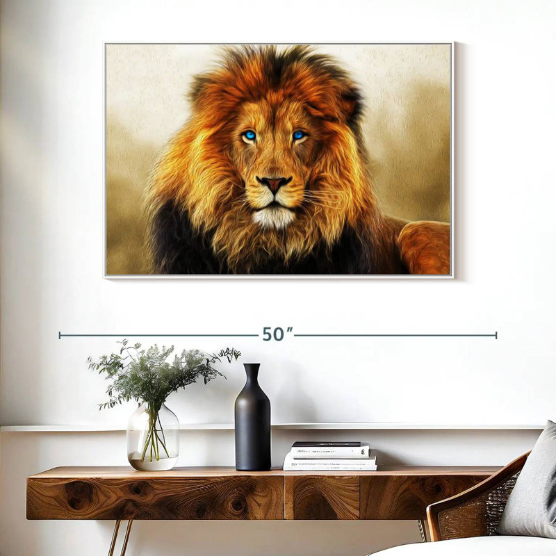 Lion aux yeux bleus, Cadre flottant blanc, 40 po x 27 po