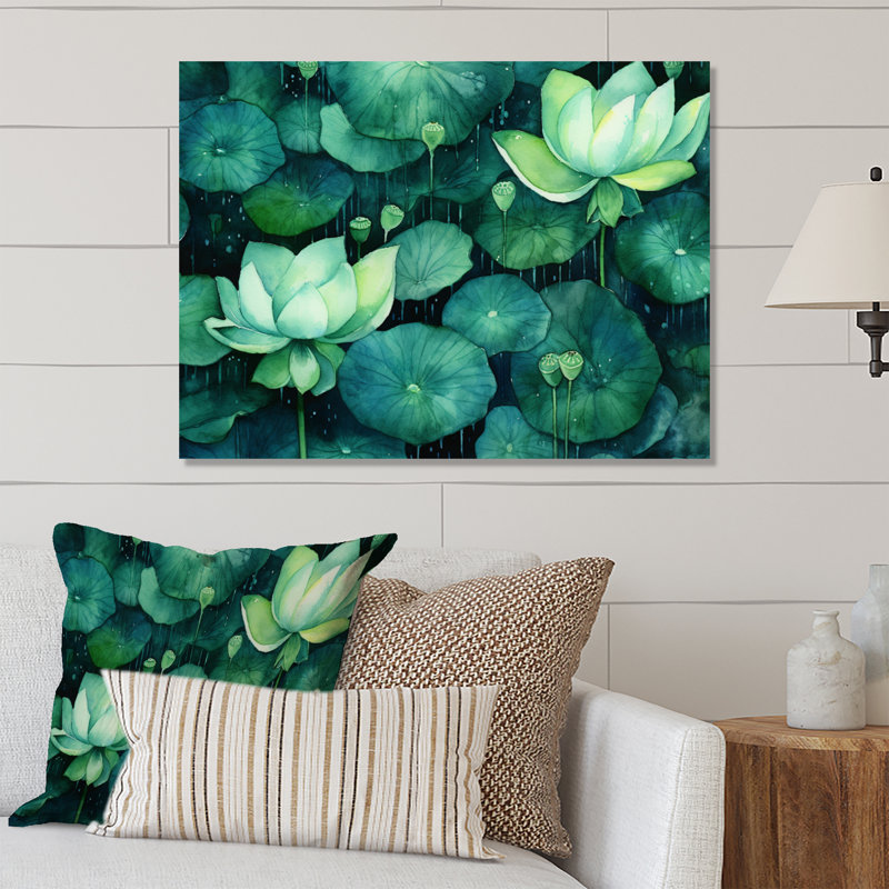 Étang de lotus vert II - salon d'art mural floral en métal, H 12 po x l 20 po x P 1 po