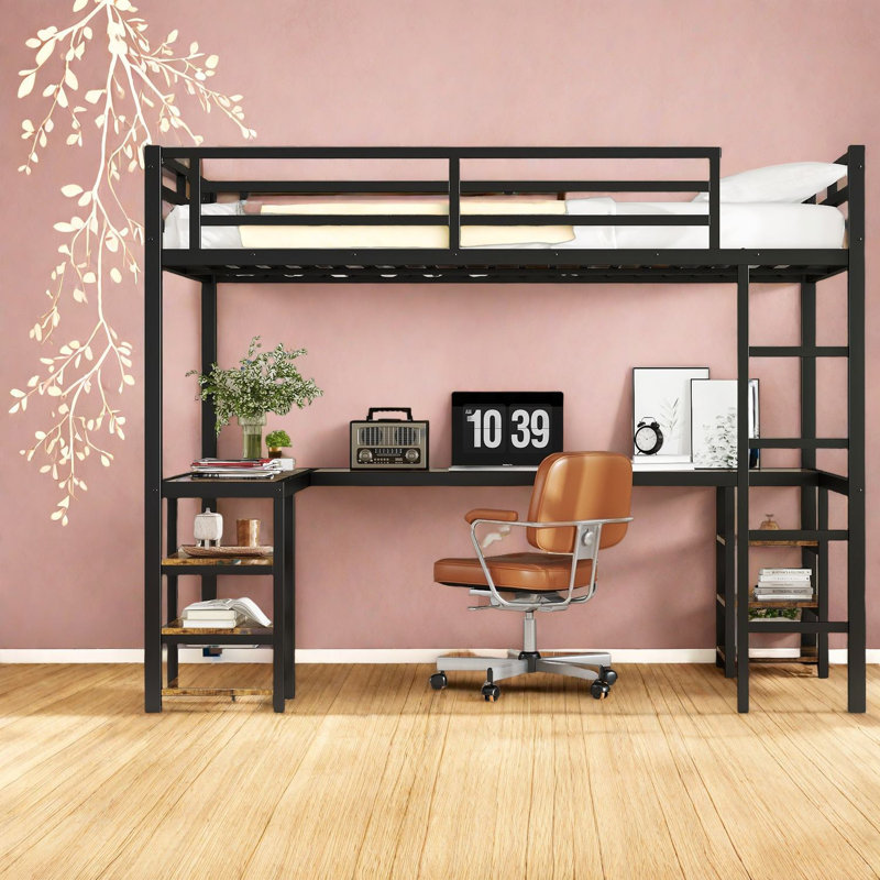 Lit mezzanine en métal peu encombrant avec bureau, structure simple TG pour chambre à coucher
