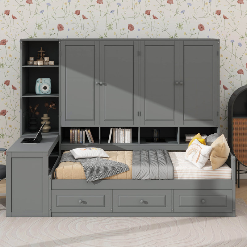 Lit de jour en bois avec trois tiroirs, rangement intégré et espace de travail, Gris, Lit simple