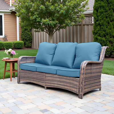Canapé d'extérieur pour terrasse, canapé d'extérieur en osier 3 places avec dossier haut, assise profonde, accoudoirs larges, coussins épais, canapé d'extérieur pour terrasse, utilisation sous le porche, bleu paon
