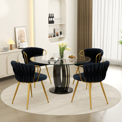 Modern Round Tempered Glass Pedestal Dining Set with Velvet Dininig Chair by Mercer41