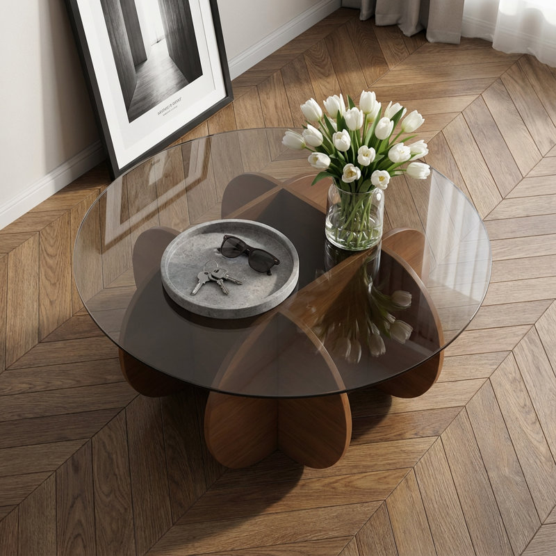 Table basse contemporaine avec plateau en verre trempé et base en bois