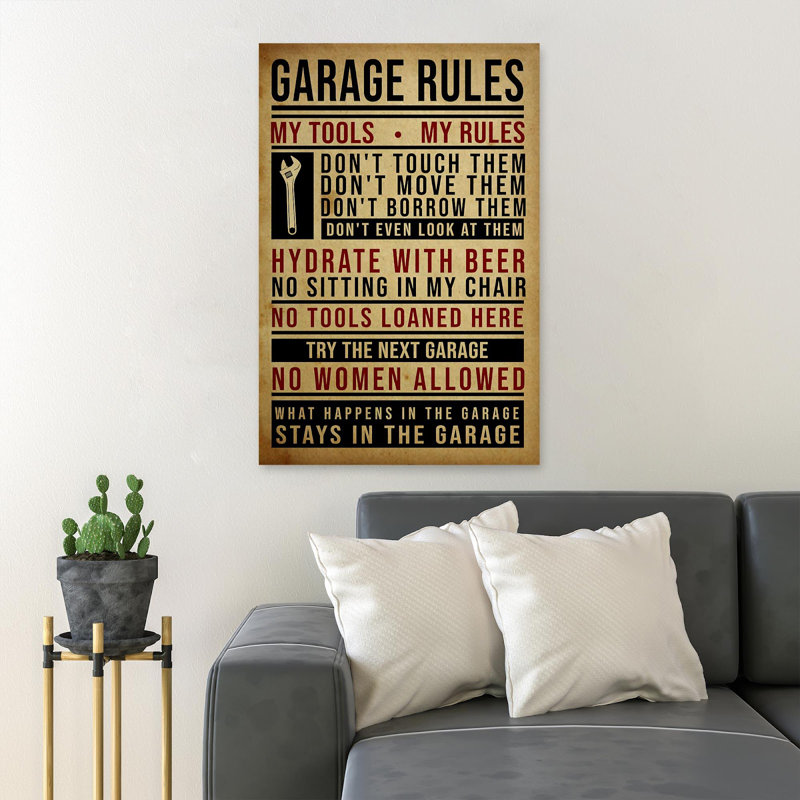 «Garage Rules - What Happens In The Garage, Stays In The Garage», reproduction d'art graphique sur toile tendue