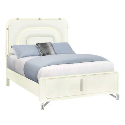 Queen Size Beige Panel Bed With Led Headboard, Contemporary Design, Geometric Design Legs, Rounded Edges, Rubberwood Main Material, Solid Wood+ Filler, Upholstery, Ideal For Bedroom In , And