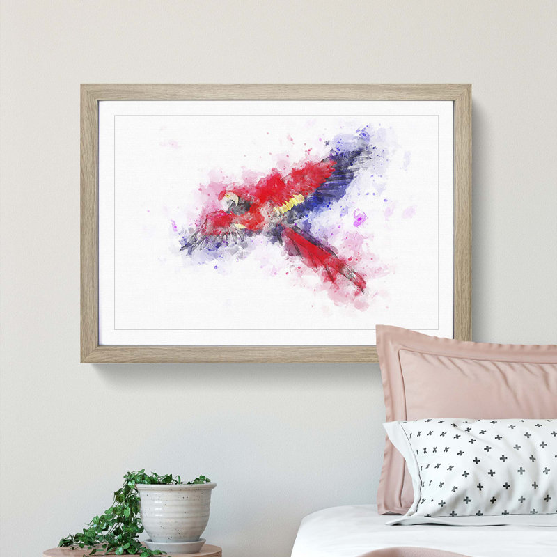 Scarlet Macaw Parrot in Flight in Abstract - Picture Frame Painting Print, Oak Framed, 27cm H x 36cm W x 2cm D