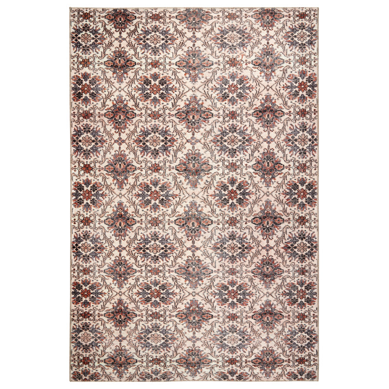 Machine Washable Boho Floral Tile Powerloomed Rug in Blush/Rust/Gray, Rectangle 7'6" x 9'6"