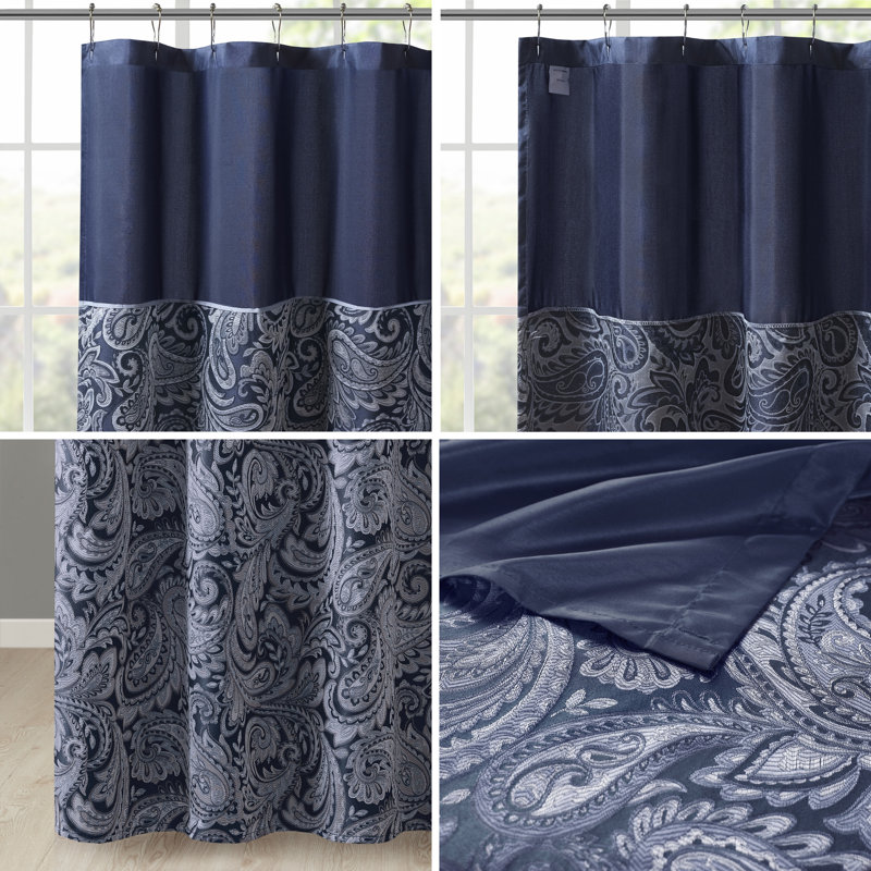 Navy Paisley Jacquard Shower Curtain with Color Block Panel