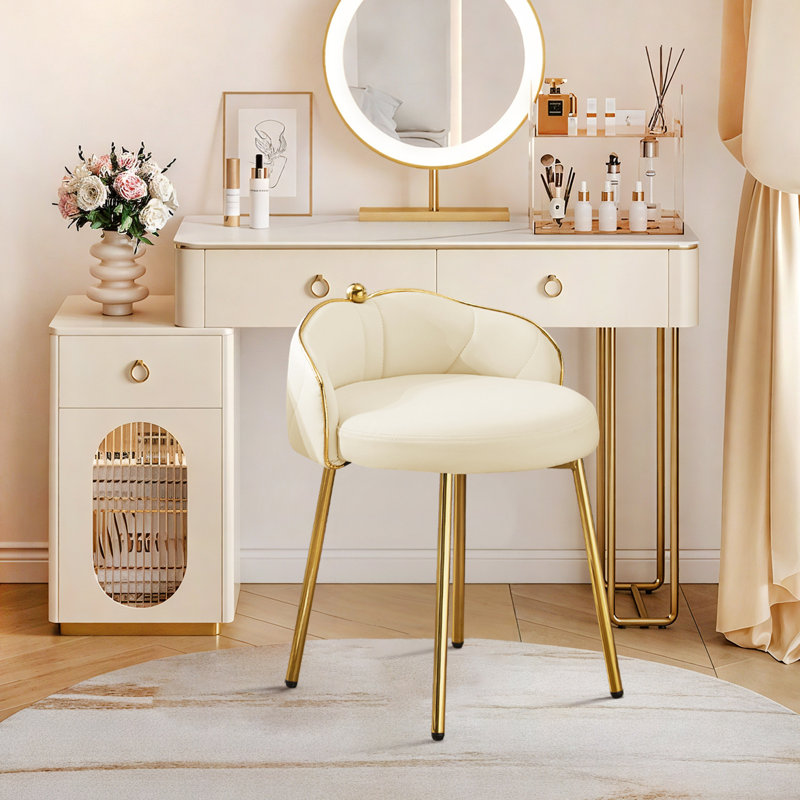 Fauteuil de coiffeuse pivotant à 360 ° avec tabouret d'appoint à dossier bas pour salle de bain et salon, similicuir, beige