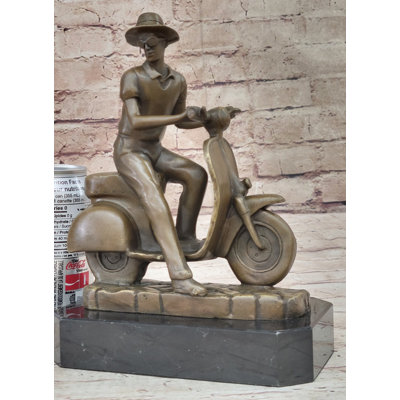 Zekeria Man Riding Moped Bike Solid Bronze Sculpture Memorabilia Collectible Artwork