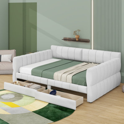 Grand lit plateforme tapissier avec port USB et tiroirs