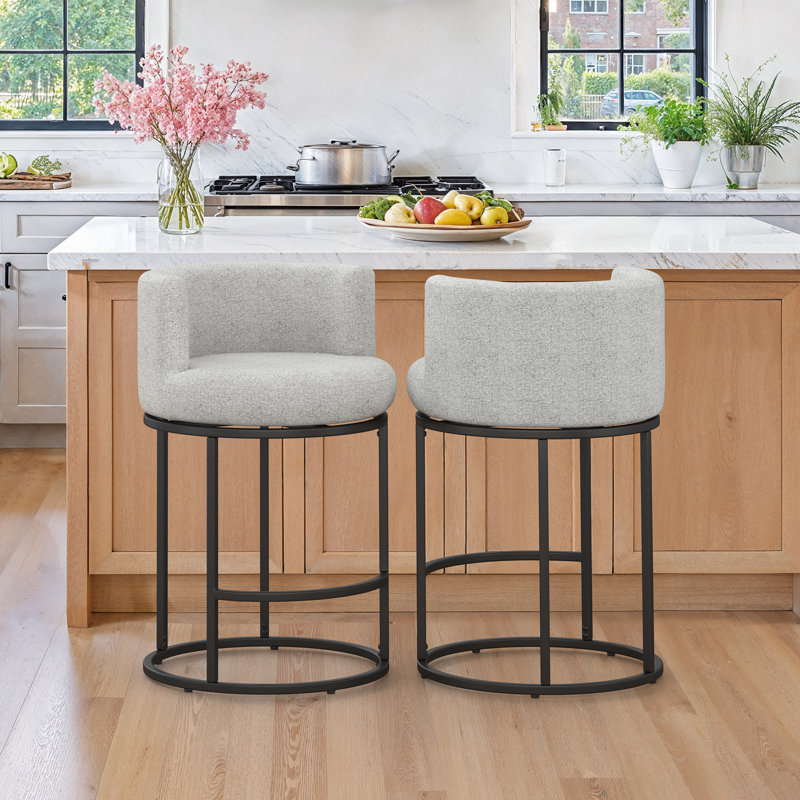 Tabouret de comptoir pivotant de 26 po avec structure cylindrique en métal et siège rond, Gris clair