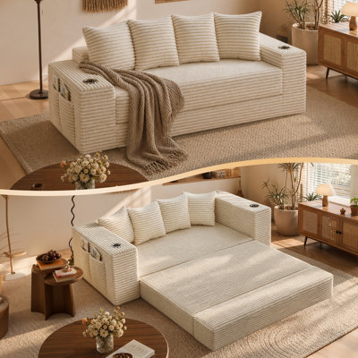 77'' Futon Couch Bed, Boneless Sofa for Living Room, Corduroy Convertible Futon Sofa Bed with Cup Holders & Storage Pocket, Modular Sleeper Couch in a Box, No Assembly (White)