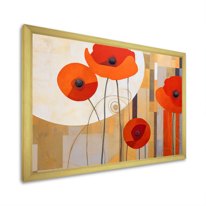 «Bold Orange Cubic Flowers» sur toile, H 34 po x l 44 po x P 1,5 po, Cadre doré simple