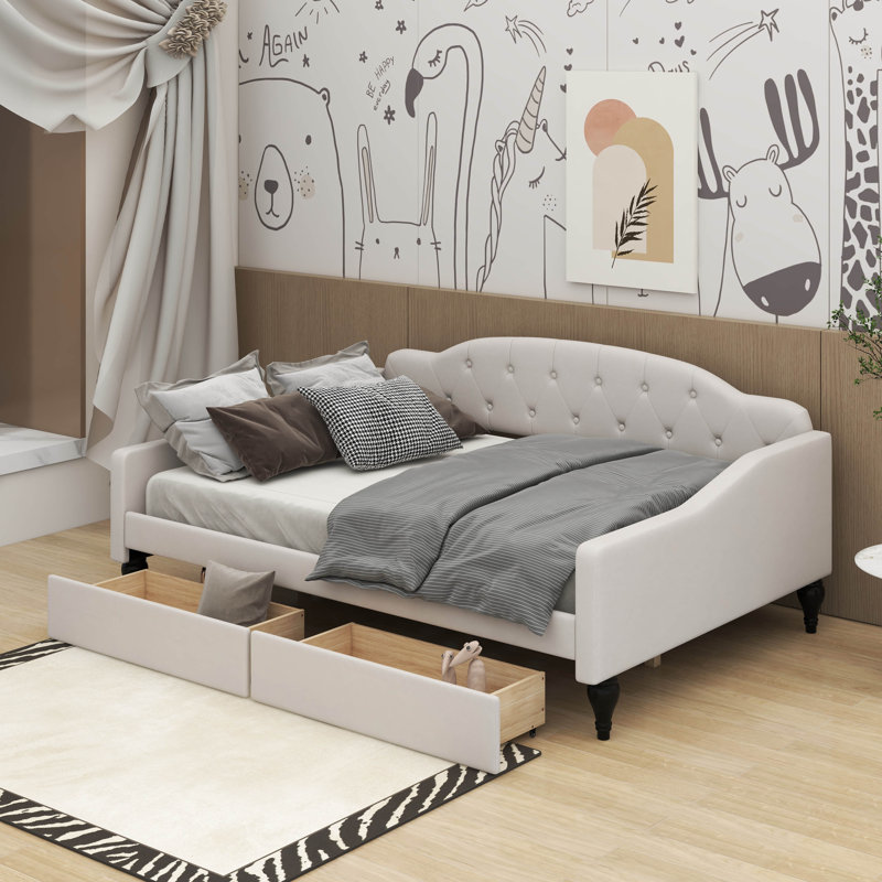 Full Size Upholstered Tufted Daybed With Drawers