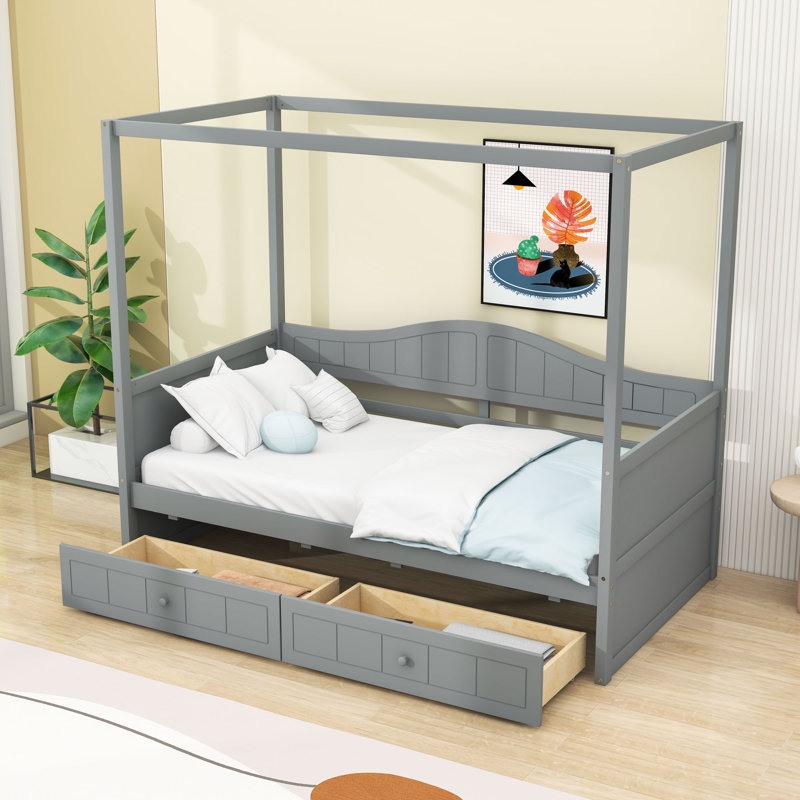 2 Drawers Twin Wood Canopy Daybed, Gray