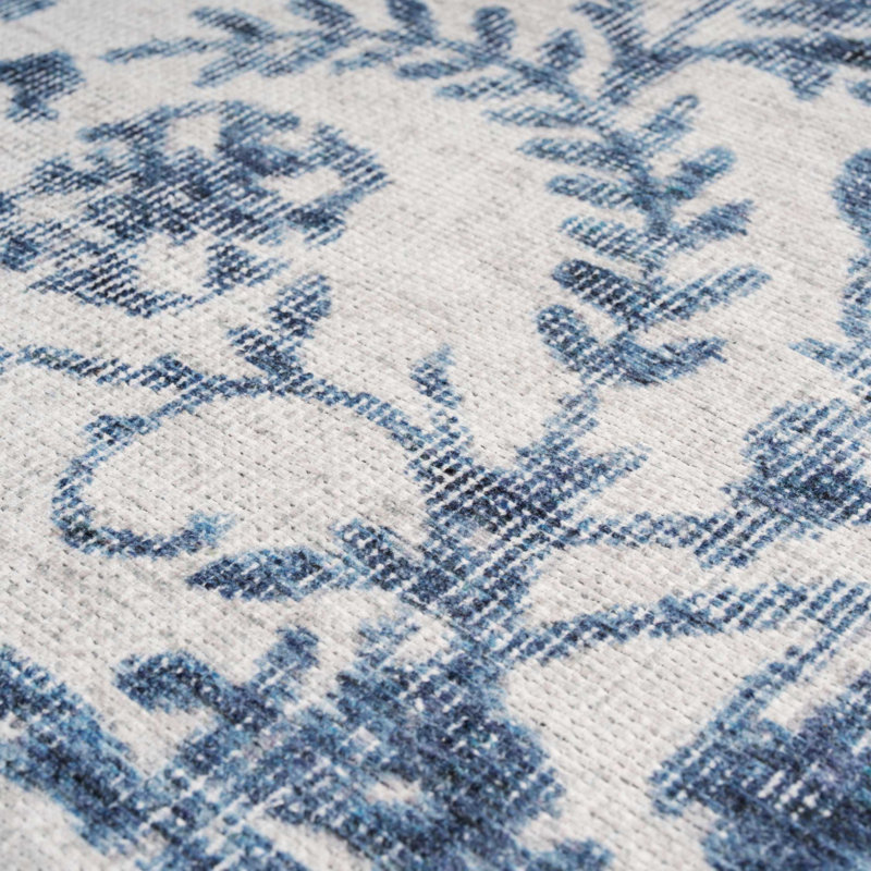 Machine Washable Beige Blue Traditional Damask Style Distressed Living Room Area Rug, Rectangle 120 x 170cm