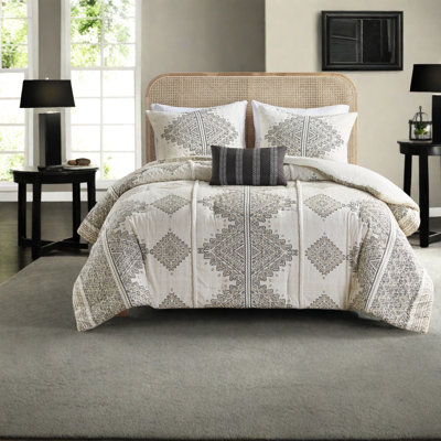 Ensemble de literie 4 pièces de qualité supérieure avec coussin décoratif, polyester, design moderne noir / ivoire