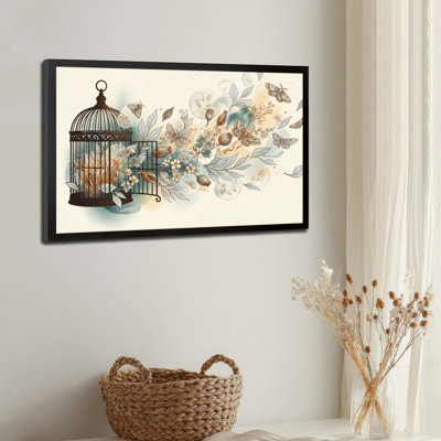 Art mural sur toile noir encadré pour le salon, la chambre à coucher, le bureau ou le vestibule - décoration murale décorative avec cage à oiseaux
