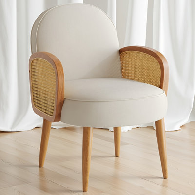Chaise d'appoint Mid-Century (ivoire) - Revêtement en velours avec accoudoirs en rotin et pieds en bois d'hévéa, chaise longue ergonomique pour salon / chambre à coucher / balcon / coin lecture