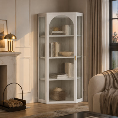 Meuble de coin mural avec porte vitrée, blanc, quatre niveaux de rangement, pour chambre, salon, salle de bain, cuisine