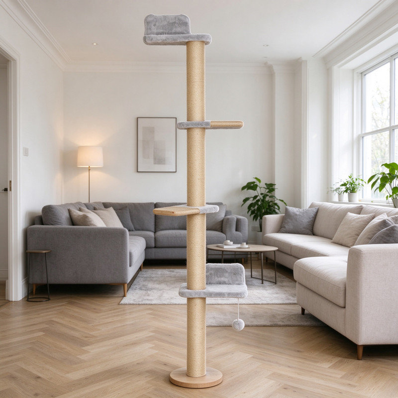 180cm Tall Light Grey Wall Mounted Cat Shelves, Cat Climbing Wall with 4 Platforms, Jute Scratching Post & Toy Ball