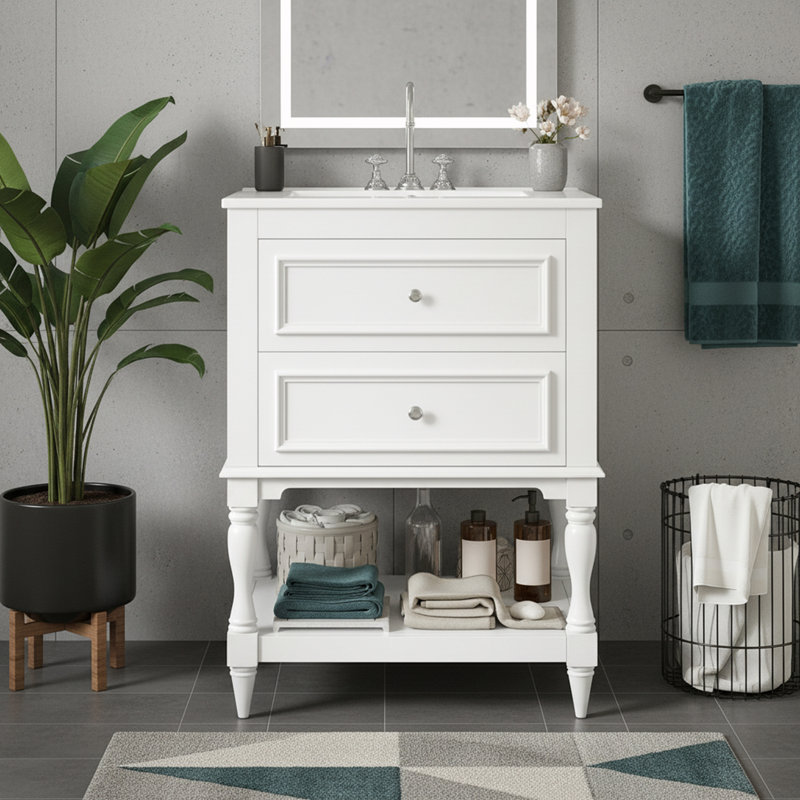 Meuble-lavabo avec lavabo et tiroirs en céramique, White