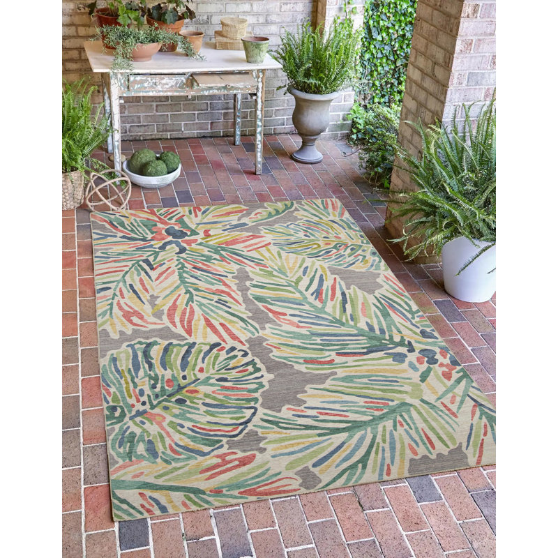 Kivett Floral Gray and Green Indoor Outdoor Machine Washable Area Rug, Rectangle 3' x 5'
