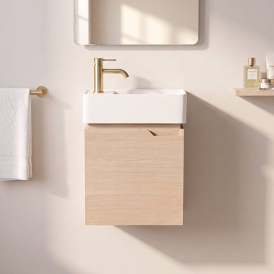 Meuble-lavabo suspendu de 45,7 cm (18 po) avec lavabo en céramique, armoire à une porte en bois clair pour salle d'eau