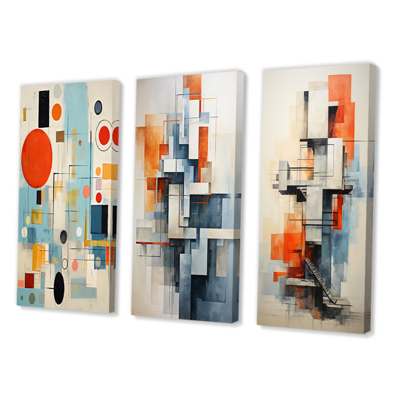 «Blue Orange Mid Century Abstract Retro», 3 pièces sur toile, H 20 po x l 36 po, Toile tendue